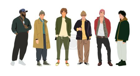 Illustration for Street fashion men vector illustration. Different young men wearing trendy modern street style autumn outfit standing full length. Cartoon vector realistic illustration isolated on white background. - Royalty Free Image