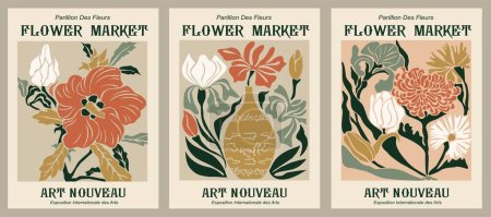 Ensemble d'affiches abstraites du marché aux fleurs. Arts muraux botaniques à la mode avec un design floral dans le style Art Nouveau. Moderne naïf groovy décorations intérieures funky, peintures. Art vectoriel.