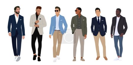 Illustration for Set of elegant businessmen wearing smart casual outfit.  Collection of handsome male characters different races, body types. Vector flat realistic illustration isolated on white background. - Royalty Free Image
