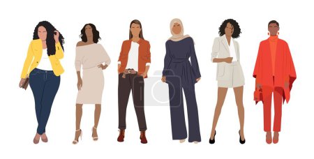 Business women collection. Vector illustration of diverse multinational and multiracial standing cartoon women in smart casual office outfits. Pretty female characters Isolated on white background.