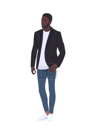 Illustration for Modern man wearing fashion casual clothes. Stylish african american man in autumn look. Black guy in trendy street fashion outfit. Flat vector realistic illustration isolated on white. - Royalty Free Image