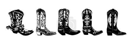 Illustration for Set of Cowgirl boots black and white monochrome graphic. Cowboy boots stylized hand drawn engraved vector illustration isolated on white background. Wild West concept. - Royalty Free Image