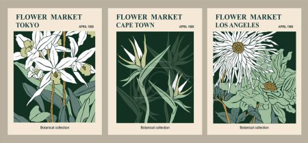 Set of Abstract Flower Market posters. Trendy botanical wall arts with floral design in sage green colors on dark. Modern naive groovy funky interior decorations, paintings. Vector art illustration.
