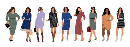 Illustration for Modern women collection. Vector realistic illustration of diverse multinational standing cartoon girls in smart casual office outfit - dress and boots or high heels shoes. Isolated on white background - Royalty Free Image