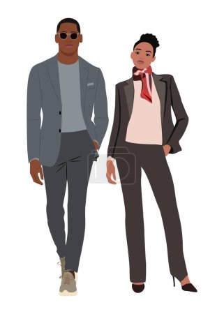 Moderna pareja de jóvenes empresarios vistiendo traje oficial formal. Mujer negra con estilo y hombre afroamericano con trajes. Ilustración realista vectorial plana aislada sobre fondo blanco.