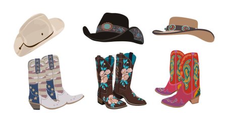 Set of different pairs of western cowboy boots and hats. Stylish decorative cowgirl boots and hats embroidered with traditional american symbols. Realistic hand drawn vector illustrations isolated.