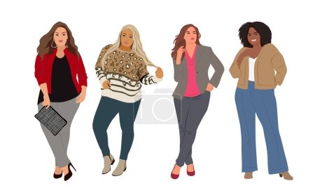 Set of Beautiful curvy girls in smart casual office outfits. Pretty women wearing trendy modern clothes standing full length. High quality hand drawn vector realistic illustrations isolated on white.