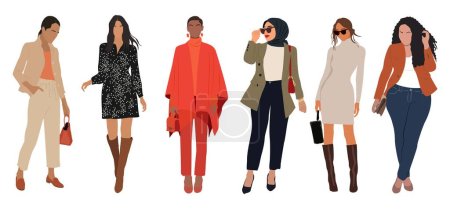 Business women collection. Vector realistic illustration of standing cartoon women different races, body types and ethnicities in smart casual office outfits. Isolated on white background.
