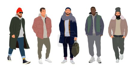 Street fashion men vector realistic illustrations. Stylish men wearing trendy modern autumn or winter street style outfit standing and walking. Cartoon male characters isolated on white background.