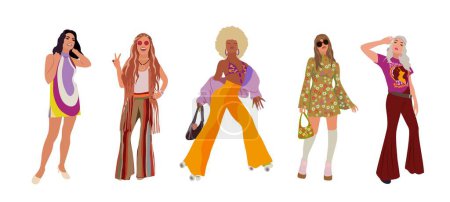 Ilustración de Conjunto de hermosas chicas hippies en moda retro 70 elegante traje. Retrato de mujeres jóvenes y lindas. Hermoso bebé. Ilustración vectorial dibujada a mano. Personajes Funky para pegatinas, tarjeta, plantilla de redes sociales - Imagen libre de derechos