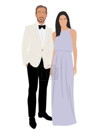 Illustration for Couple in trendy evening clothes standing together vector realistic illustration isolated on white. Stylish man and woman ready to Christmas or wedding event . Fashionable pair in elegant wear. - Royalty Free Image