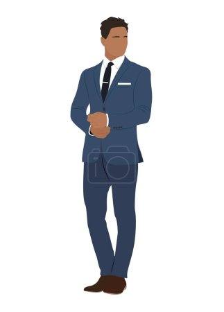 Attractive young business man dressed in elegant blue suit or tuxedo. Happy male cartoon character wearing formal or evening clothing. Vector realistic illustration isolated on white 