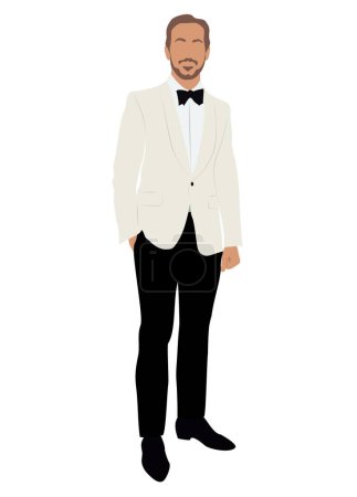 Attractive bearded man dressed in elegant ivory suit or tuxedo. Happy male cartoon character wearing formal or black tie evening clothing. Vector realistic illustration isolated on white background.