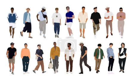 Illustration for Bundle of Street fashion men vector illustrations. Young men wearing trendy modern street style outfit standing and walking. Cartoon stylish male characters isolated on white background. - Royalty Free Image