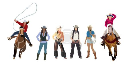 Verschiedene Cowgirls in traditioneller Westernkleidung mit Cowboyhut, Cowboystiefeln, Pistolen und Lasso. Wildwest-Konzept. Vektor im Cartoon-Stil realistische Illustration isoliert auf weißem Hintergrund.