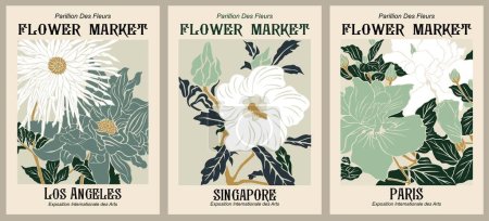 Illustration for Set of Abstract Flower Market Exhibition posters . Trendy botanical wall arts with floral design in sage green colors. Modern art nouveau vintage interior decorations, paintings. Vector illustration. - Royalty Free Image