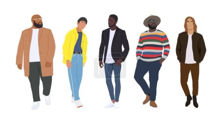 Set de ilustraciones vectoriales de hombres de moda callejera. Diferentes personajes masculinos de dibujos animados que usan trajes modernos de moda de estilo callejero. Aspectos casuales inteligentes. Aislado sobre fondo blanco.