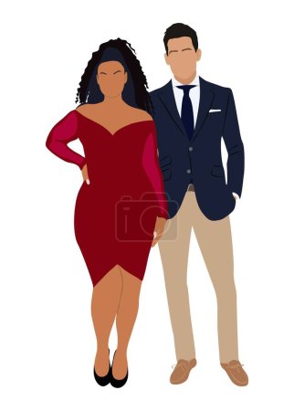 Illustration for Multiracial couple in trendy evening clothes standing together vector realistic illustration isolated on white background. Stylish man and woman ready to Christmas, formal or wedding event. - Royalty Free Image