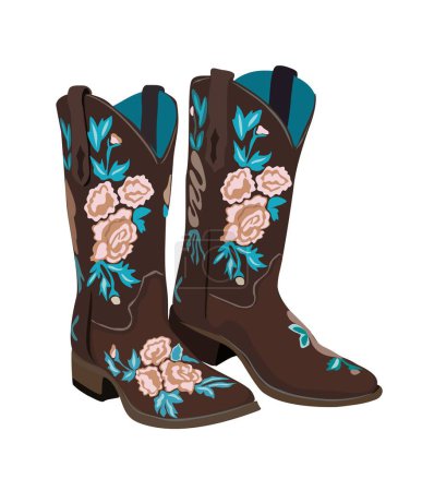 Ein Paar westliche Cowboystiefel. Stilvolle dekorative Cowgirl-Stiefel, die mit traditionellen amerikanischen Symbolen bestickt sind. Realistische handgezeichnete Vektordarstellung isoliert auf weißem Hintergrund.