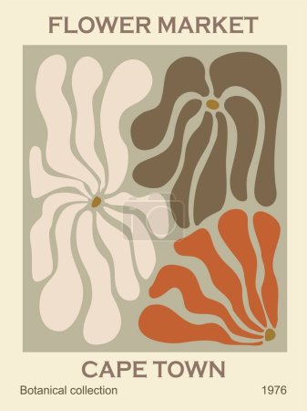 Illustration for Abstract poster - Flower Market Cape Town. Trendy botanical wall art with floral design in earth tone colors. Modern hippie naive groovy funky interior decoration, painting. Vector illustration. - Royalty Free Image