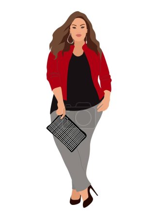 Beautiful curvy girl in smart casual outfit. Pretty business woman in office look with clutch and high heels. Attractive young Lady boss. Vector realistic illustration isolated on white background.