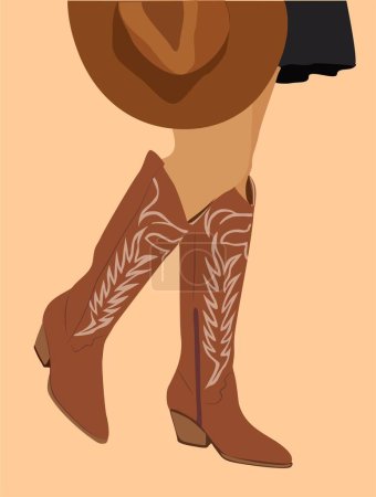 Illustration for Female legs in cowboy boots. Cowgirl wearing boots and black dress with cowboy hat. Cowboy western theme, wild west, texas. Hand drawn trendy vector illustration isolated on neutral background. - Royalty Free Image