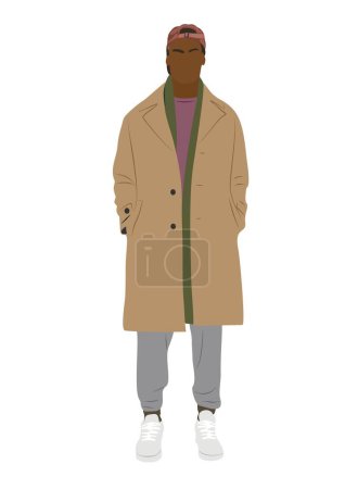 Street fashion man. Young guy wearing trendy modern autumn or winter street style outfit - coat, cap and sneakers. Stylish male character vector realistic illustration isolated on white background.