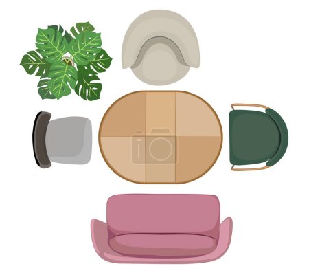 Top view of furniture icons for interior design plan, apartment project and layout. Sofa, armchairs, table, plant for home room or office. Vector realistic illustration isolated on white background.