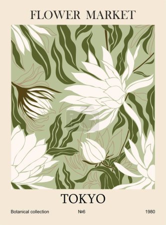 Illustration for Abstract posters - Flower Market Tokyo. Trendy botanical wall art with floral design in sage green colors. Modern naive groovy funky interior decoration, painting. Vector art illustration. - Royalty Free Image