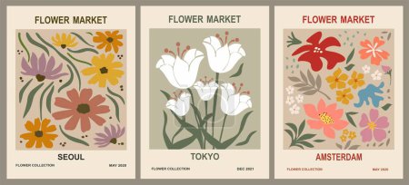 Illustration for Set of abstract Flower Market posters. Trendy botanical wall arts with floral design in earth tone pastel colors. Modern naive groovy funky interior decorations, paintings. Vector art illustration. - Royalty Free Image