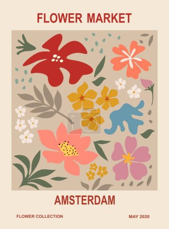 Illustration for Abstract poster - Flower Market Amsterdam. Trendy botanical wall art with floral design in earth tone colors. Modern hippie naive groovy funky interior decoration, painting. Vector art illustration. - Royalty Free Image