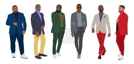Illustration for Set of different businessman characters in formal outfits. Stylish handsome black guys wearing formal suits or blazer. Hand drawn vector realistic illustrations isolated on white background. - Royalty Free Image