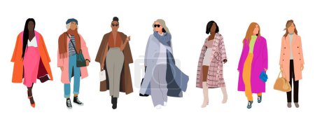 Illustration for Set of fashion woman in trendy clothes vector realistic illustration. Collection of classy colorful street style outwear female isolated. Fashionable girl modern coat, winter, spring, autumn clothing. - Royalty Free Image