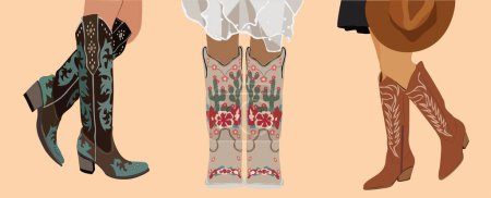 Illustration for Female legs wearing western cowboy boots and dress. Stylish decorative cowgirl boots embroidered with traditional american symbols. Realistic hand drawn vector illustration isolated. - Royalty Free Image