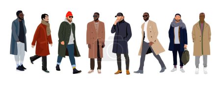 Street fashion men vector illustration. Young men wearing trendy modern autumn or winter street style outfit - coat, scarf, hat. Cartoon vector realistic illustration isolated on white background