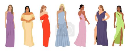 Illustration for Set of different beautiful girls wearing evening dress, formal gown for celebration, wedding, Christmas Eve or New Year party. Pretty female character vector realistic illustration isolated on white. - Royalty Free Image