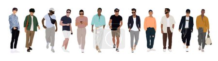 Ilustración de Conjunto de diferentes hombres que usan ropa de moda moderna de estilo callejero de pie y caminando. Dibujos animados estilo vector ilustración realista aislado sobre fondo blanco. - Imagen libre de derechos