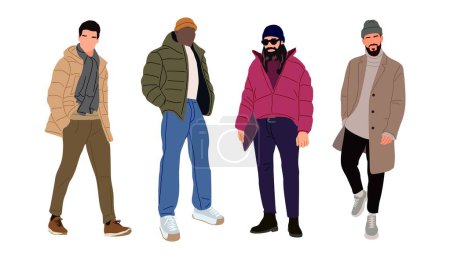 Street fashion men vector illustration. Young men wearing trendy modern autumn or winter street style outfit - coat, scarf, hat. Cartoon vector realistic illustration isolated on white background.