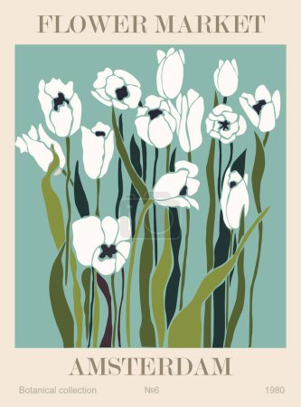Illustration for Abstract flower poster - Flower Market Amsterdam. Trendy botanical wall art with floral design in sage green colors. Modern naive groovy funky interior decoration, painting. Vector art illustration. - Royalty Free Image