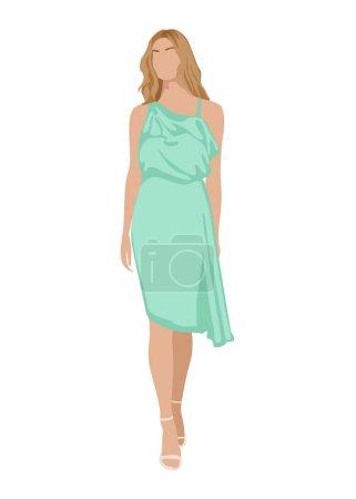 Illustration for Stylish beautiful Woman in fashion dress for evening or cocktail party, event. Pretty girl wearing stylish clothes, shoes. Flat vector realistic illustration isolated on white background. - Royalty Free Image