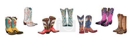 Illustration for Set of different cowgirl boots - white, red, brown, turquoise and purple. Traditional western cowboy boots decorated with embroidered floral ornament. Realistic vector illustration isolated on white. - Royalty Free Image