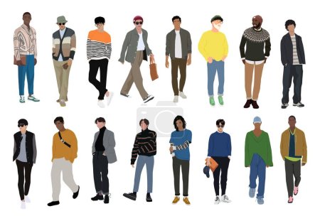 Bundle of Street fashion men illustrations vectorielles. Jeunes hommes portant tenue de rue moderne à la mode debout et marchant. Personnages masculins élégants de bande dessinée isolés sur fond blanc.