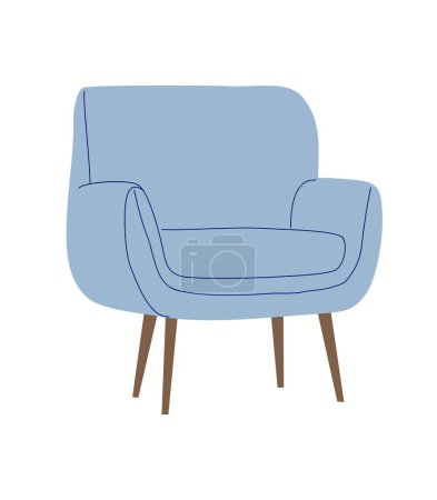 Diseño de sillón azul estilo retro con base de madera y asiento tapizado. Muebles modernos modernos de la silla del brazo del salón de los años 60 de la moda para la sala de estar. Ilustración vectorial plana aislada sobre fondo blanco.