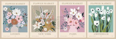 Ilustración de Set of abstract flower posters. Trendy botanical wall arts with floral design in danish pastel colors. Modern naive groovy funky interior decorations, paintings. Vector art illustration. - Imagen libre de derechos