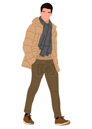 Young man wearing trendy modern street style winter outfit. Handsome guy in warm jacket and scarf. Street fashion men vector illustration isolated on white background.