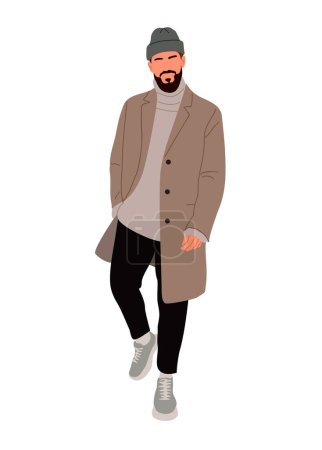 Illustration for Stylish man wearing trendy modern street style winter outfit. Handsome guy in coat, sweater and beanie hat. Street fashion men vector illustration isolated on white background. - Royalty Free Image