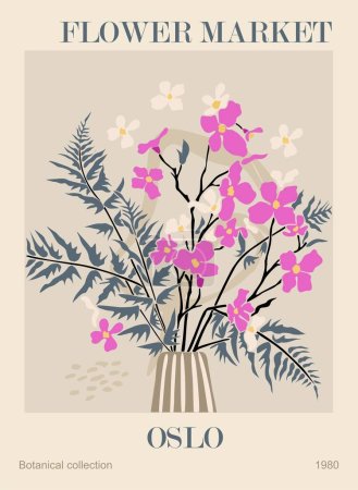 Illustration for Abstract flower poster - Flower Market Oslo. Trendy botanical wall art with floral design in danish pastel colors. Modern naive groovy funky interior decoration, painting. Vector art illustration. - Royalty Free Image