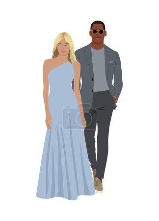 Beautiful multiracial couple wearing evening formal outfit for celebration, wedding, Christmas Eve or New Year party. Happy black man and blonde woman in luxury clothes. Vector illustration isolated.