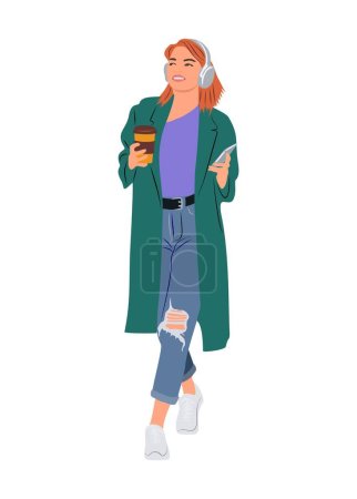 Illustration for Joyful girl wearing headphone, listening to music. Happy young woman walking and holding cup of coffee and smartphone, wearing stylish street fashion winter outwear. Vector realistic illustration. - Royalty Free Image