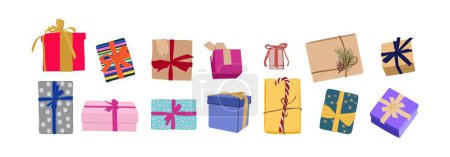 Illustration for Christmas gifts in wrapping paper set. New Year present boxes in festive wrappings with bows, branches, tags, candy cane. Colorful flat vector illustrations isolated on white background. - Royalty Free Image